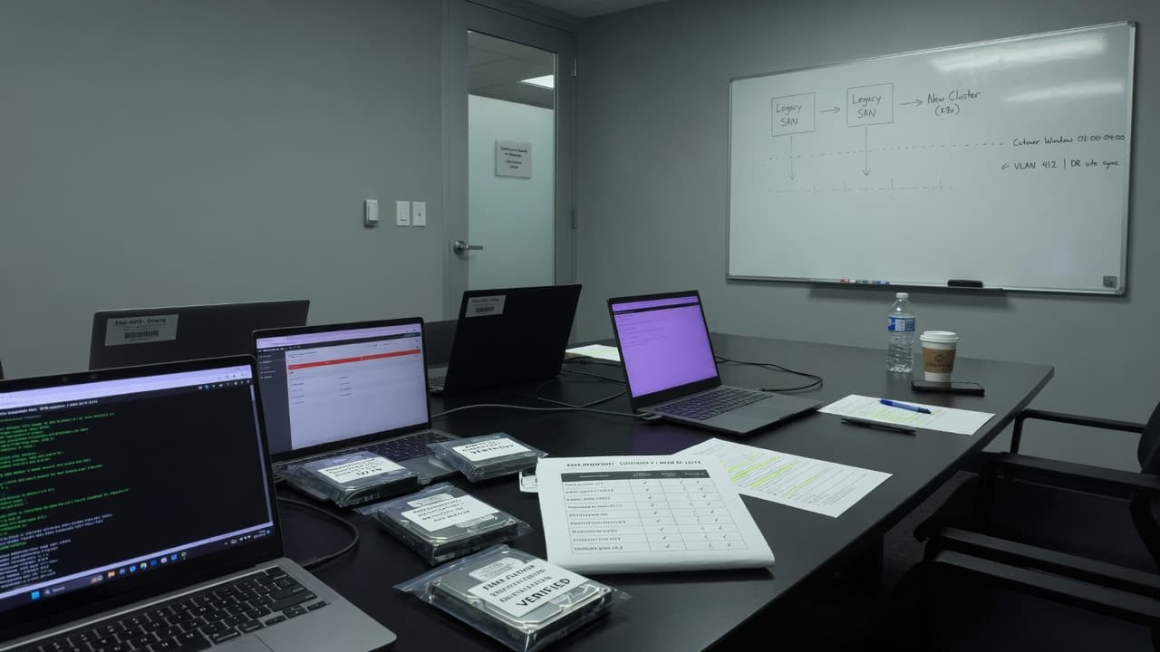 Bootcamp week: labeled drives, Knowledge Image inventory, and architecture on a private-room whiteboard.